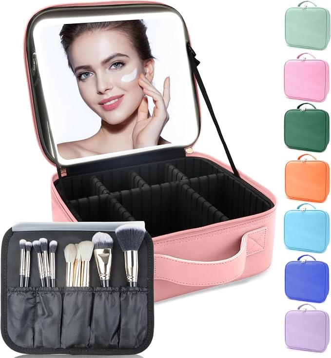 Makeup Bag with Led Mirror, Travel Makeup Organizer with 3 Color Setting by SUILU