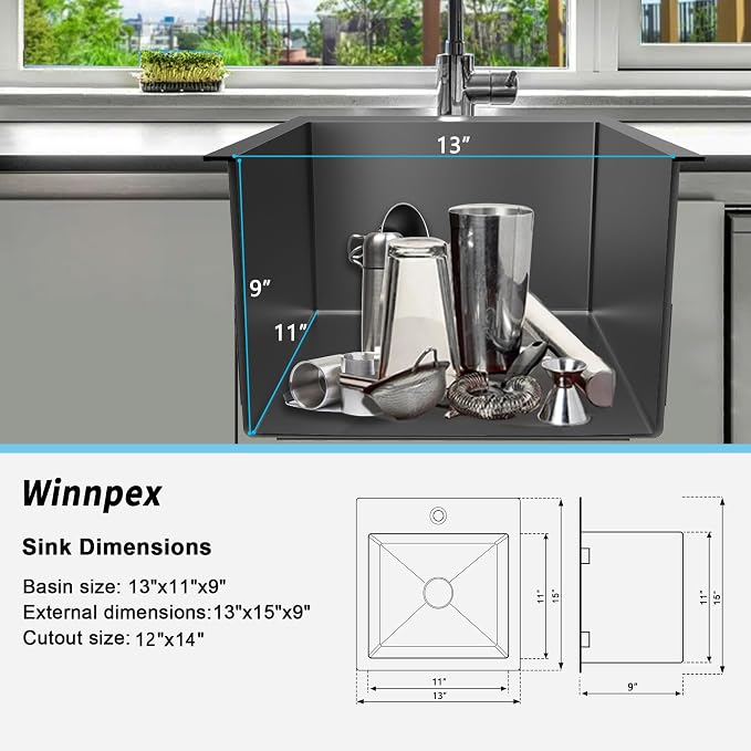 13 x 15 inch Drop in Bar Sink Black, Small Topmount Kitchen Sink Single Bowl 18 - Image 6