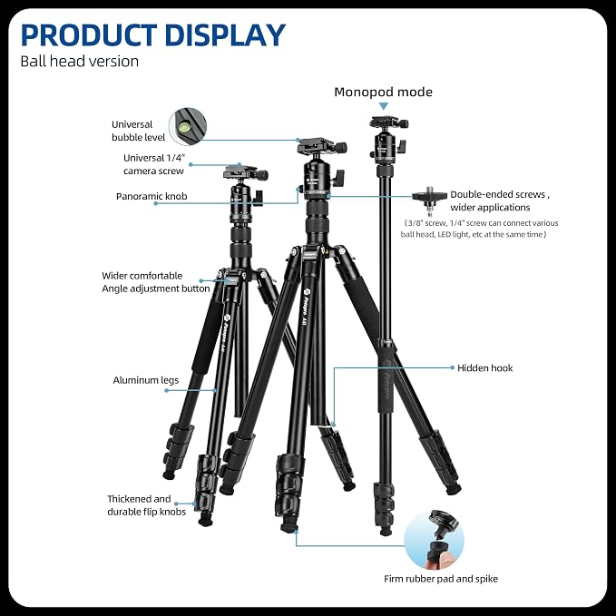 Fotopro 73" Camera Tripod, Aluminum Compact Travel Tripod and Monopod - Image 8