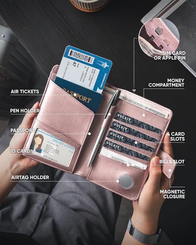 VULKIT Passport Holder with Airtag Holder RFID Blocking Passport Wallet Travel - Image 4