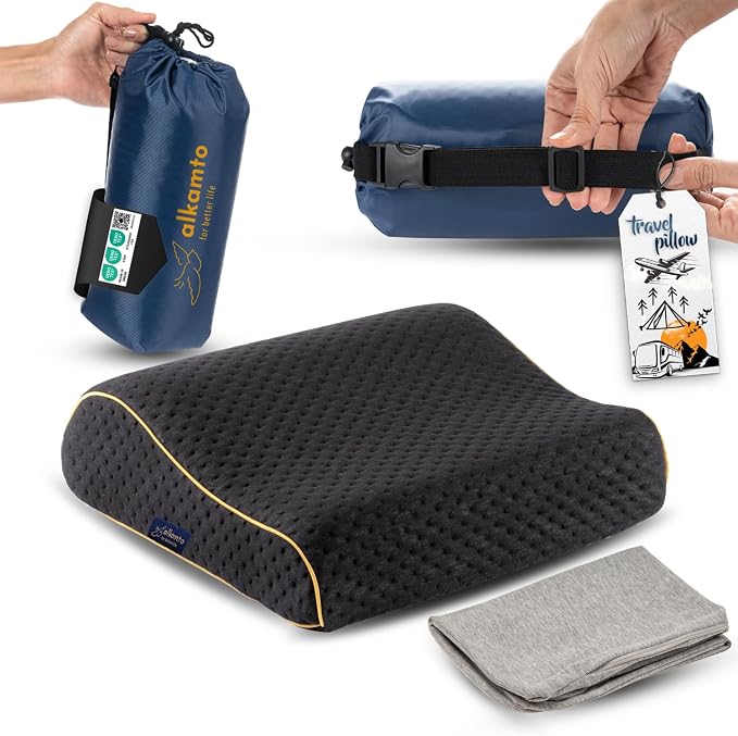 Travel & Camping Comfortable Memory Foam Pillow – Easy to Carry Portable Bag – by Alkamto