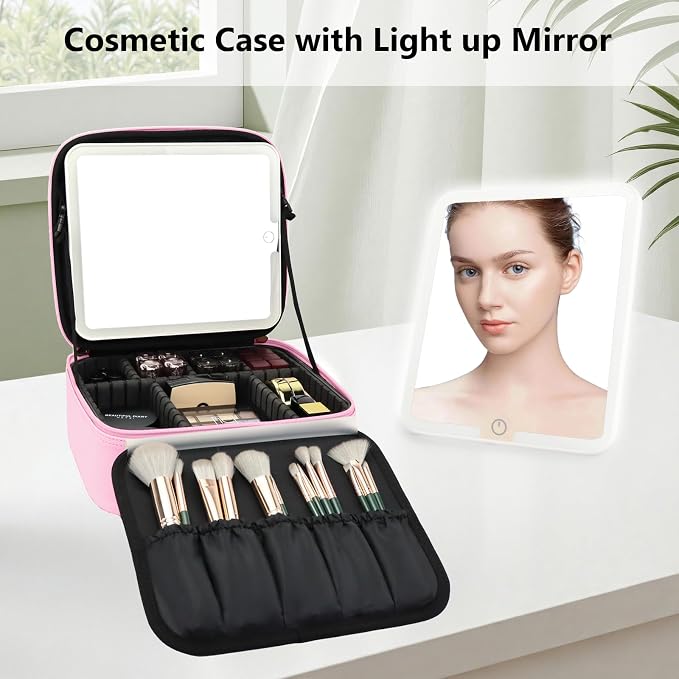 Travel Makeup Bag with LED Mirror Travel Makeup Organizer with 3 Lighted - Image 3