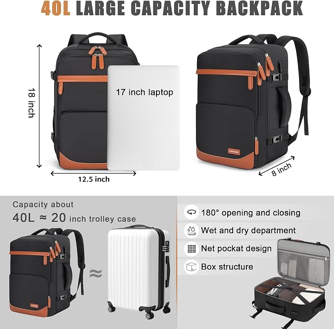 40L Travel Backpack with USB Charging Port, Water-Resistant Carry On Backpack - Image 6