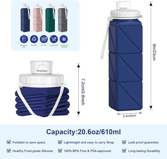 Collapsible Water Bottles 20.6oz Silicone Foldable Leakproof BPA Free Reusable - Image 3