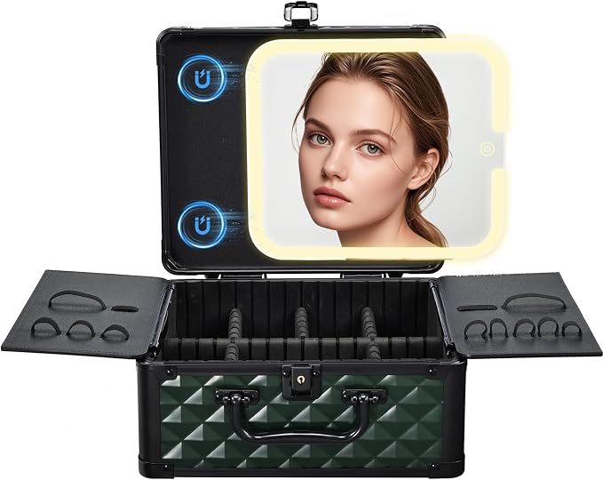 Makeup Box with Magnetic Lighted Up Mirror Makeup Organizer Box Travel Cosmetic by Faquenc