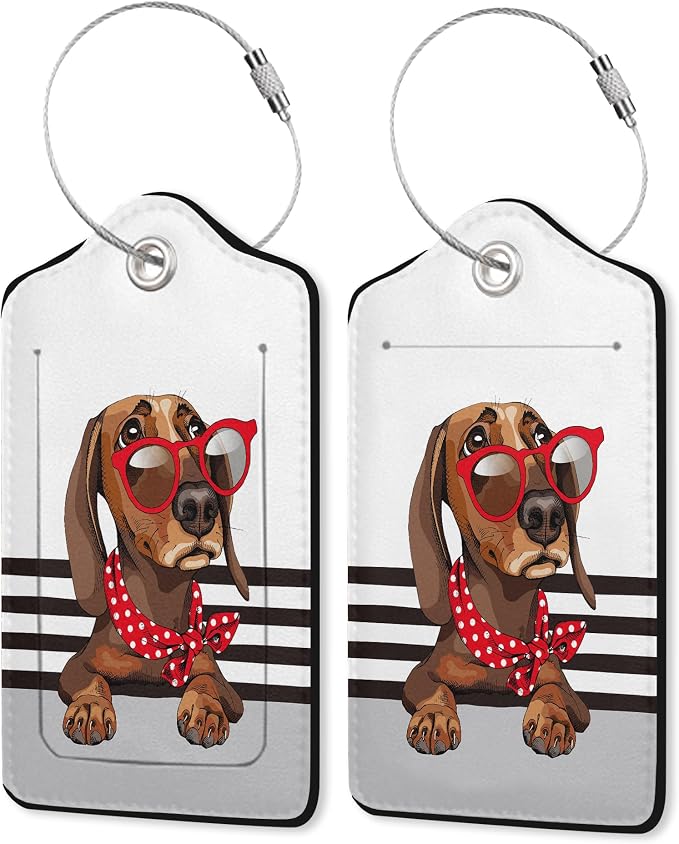2 Pack Leather Luggage Tag for Suitcase Cool Dachshund Cute Animal Unique by ZEWOCA