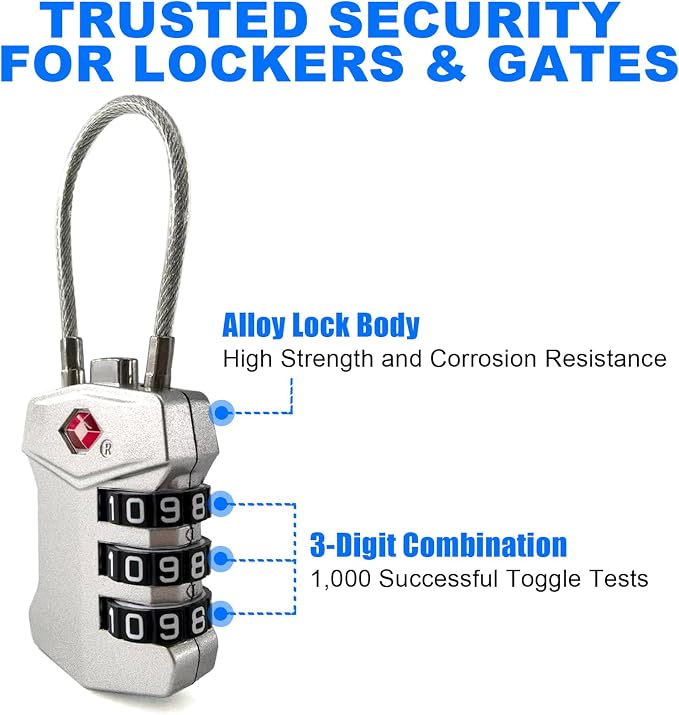 4 Pack TSA Approved Travel Luggage Locks, Cable Combination Lock, 3 Digit - Image 6