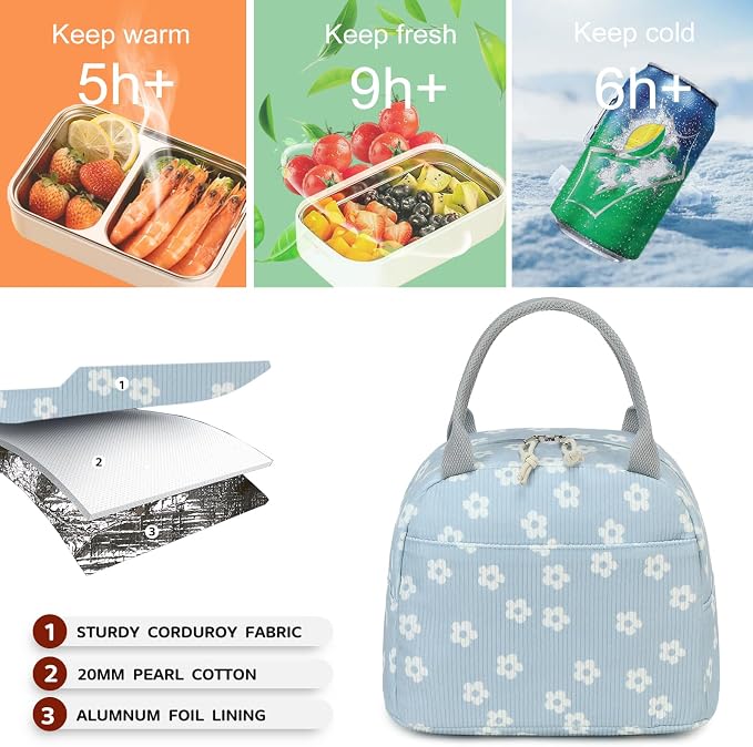 Bluboon Lunch Bag for Women Men Cute Corduroy Lunch Tote Bags Reusable - Image 9
