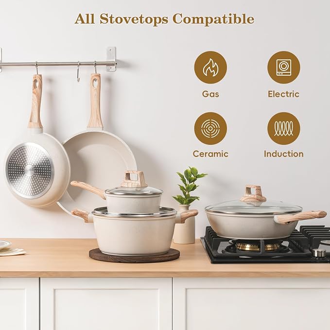 12 Pcs Pots and Pans Set, Nonstick Cookware Sets White Granite Induction - Image 7