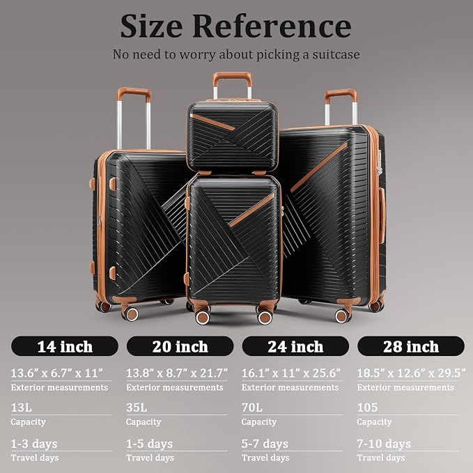 Campfun Luggage 4 Piece Sets, Expandable Carry On Luggage Set Hardshell PP - Image 2