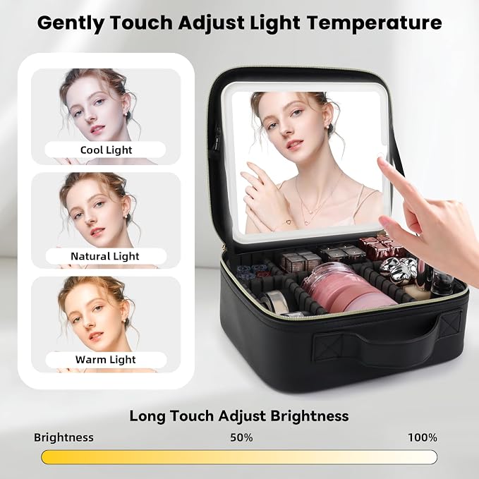 Travel Makeup Bag with LED Mirror and Light Travel Makeup Case Cosmetic - Image 2