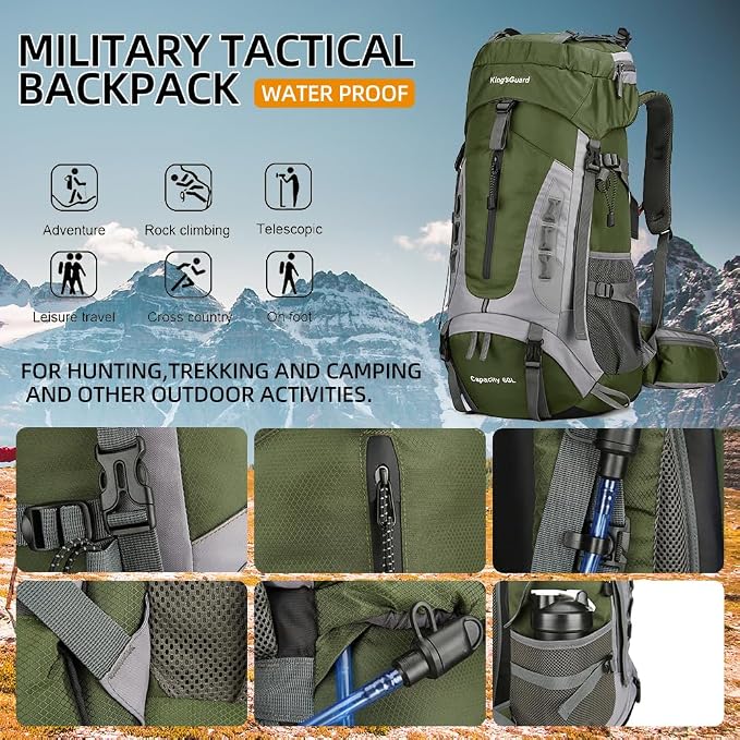King'sGuard 60L Hiking Backpack Large Waterproof Camping Backpack - Image 6