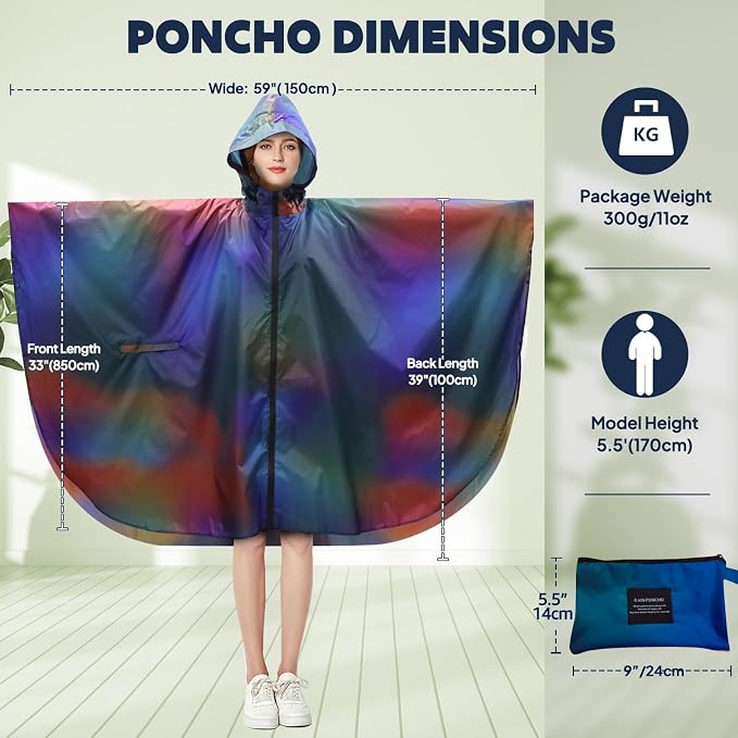 ANYOO Waterproof Rain Poncho Lightweight Reusable Hiking Hooded Coat Jacket - Image 2