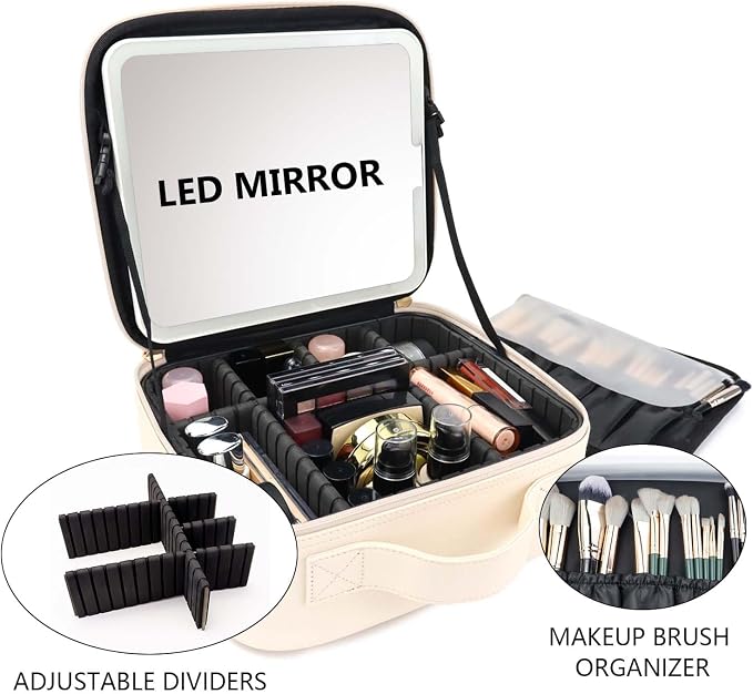 Travel Makeup Bag with LED Mirror Travel Makeup Organizer with 3 Lighted - Image 8