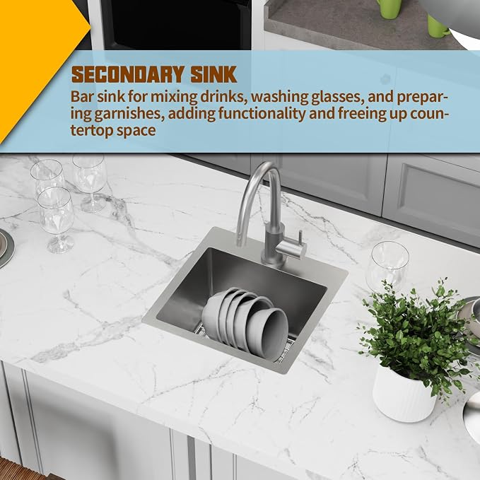 Small Kitchen Sink, 15x15 Inch Bar Sink Stainless Steel Drop In Small Kitchen - Image 6