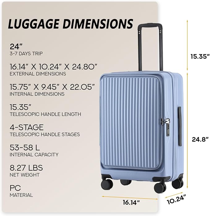 24 Inch Top Opening Checked Travel Luggage Expandable - Image 5
