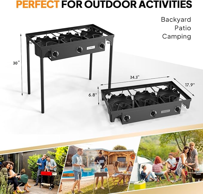 ROVSUN 3 Burner Propane Gas Stove, 000 BTU High Pressure Outdoor Camping Burner - Image 6