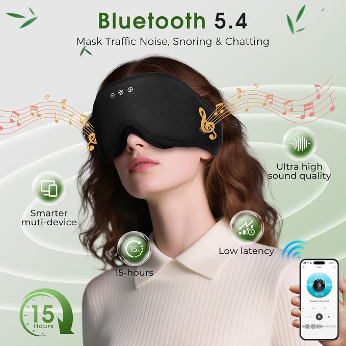 Sleep Mask Headphones with Bluetooth, 3D Blackout Bamboo Cotton Eye Mask - Image 3