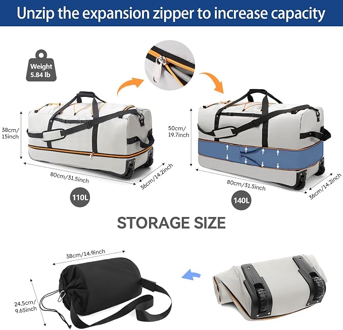 110L Expandable to 140L 32” Foldable Oxford Soft-Sided Rolling Duffle Bag - Image 3