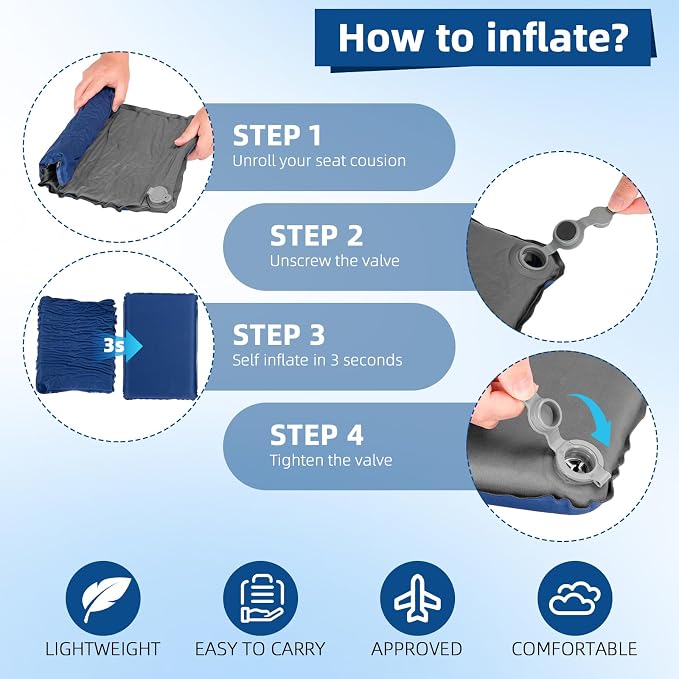 Inflatable Seat Cushion, Lightweight Self-Inflating Memory Foam Seat Cushion - Image 3
