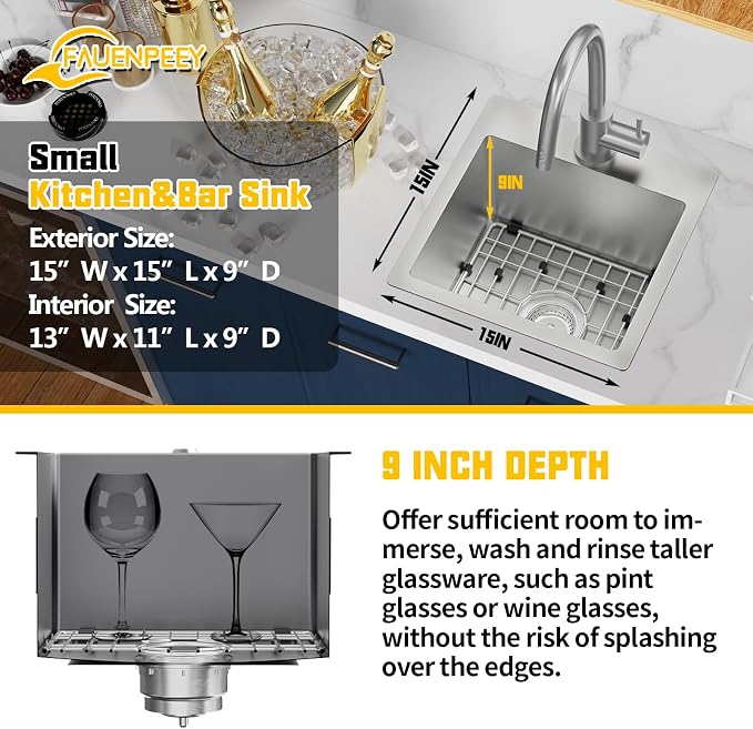 Small Kitchen Sink, 15x15 Inch Bar Sink Stainless Steel Drop In Small Kitchen - Image 3
