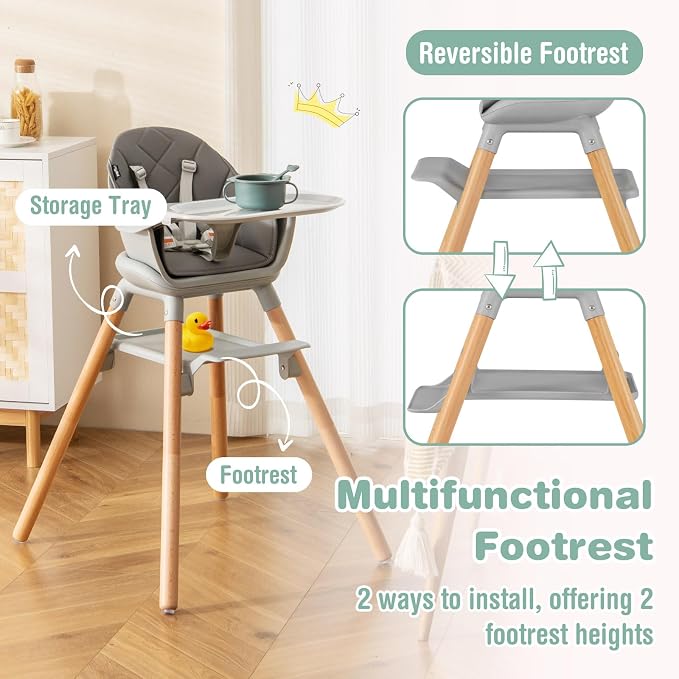 BABY JOY Baby High Chair, 6 in 1 Convertible Wooden Highchair - Image 4