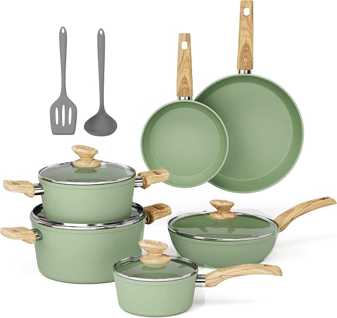 MAISON ARTS Pots and Pans Set Non Stick, 12 Piece Green Granite Kitchen by MAISONARTS