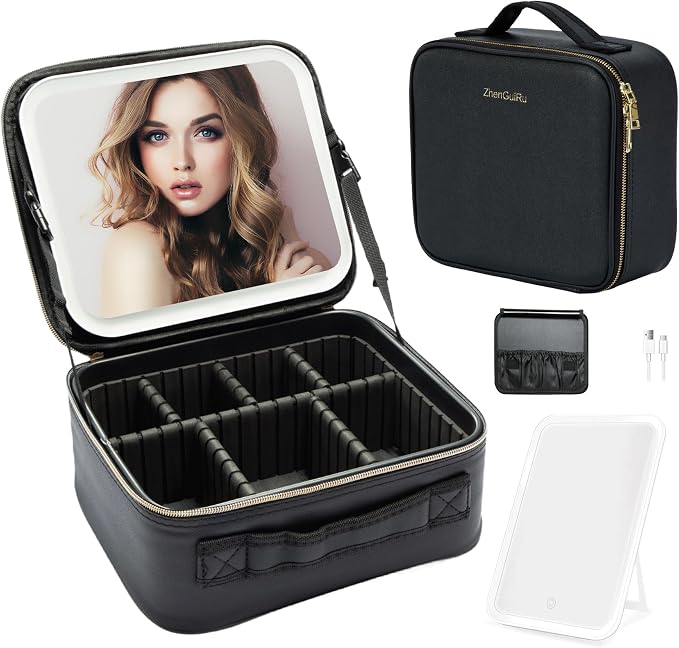 Travel Makeup Bag with LED Mirror – Waterproof Cosmetic Train Case with by ZhenGuiRu