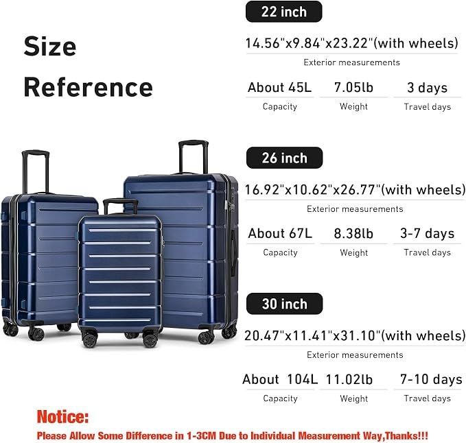 KYME Luggage Sets 3 Piece Hardshell 22in/26in/30in Suitcases - Image 7