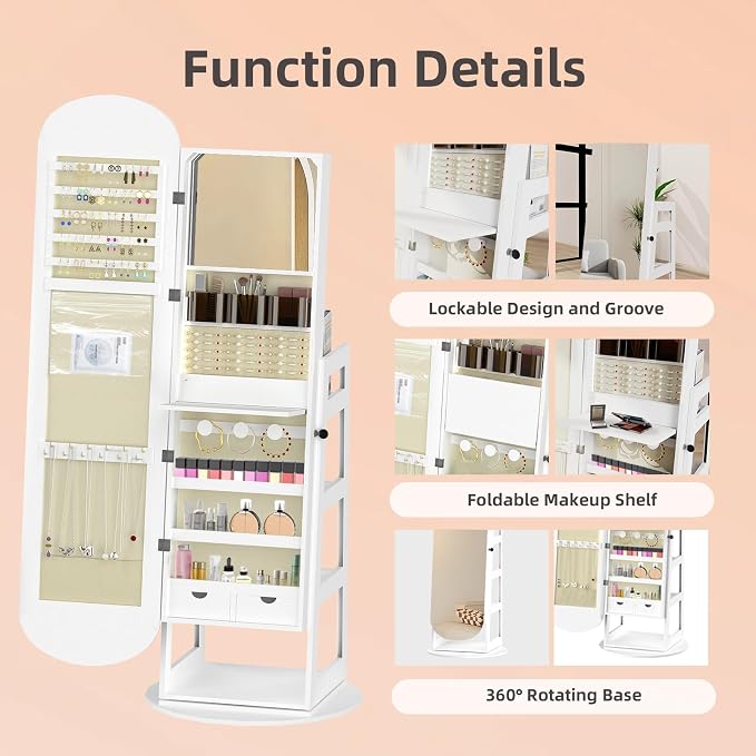 RQZ 8 LEDs Jewelry Cabinet Armoire Standing, 360° Swivel Jewelry Organizer - Image 7