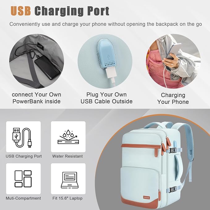 40L Travel Backpack with USB Charging Port, Water-Resistant Carry On Backpack - Image 2