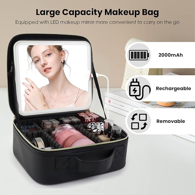 Travel Makeup Bag with LED Mirror and Light Travel Makeup Case Cosmetic - Image 3