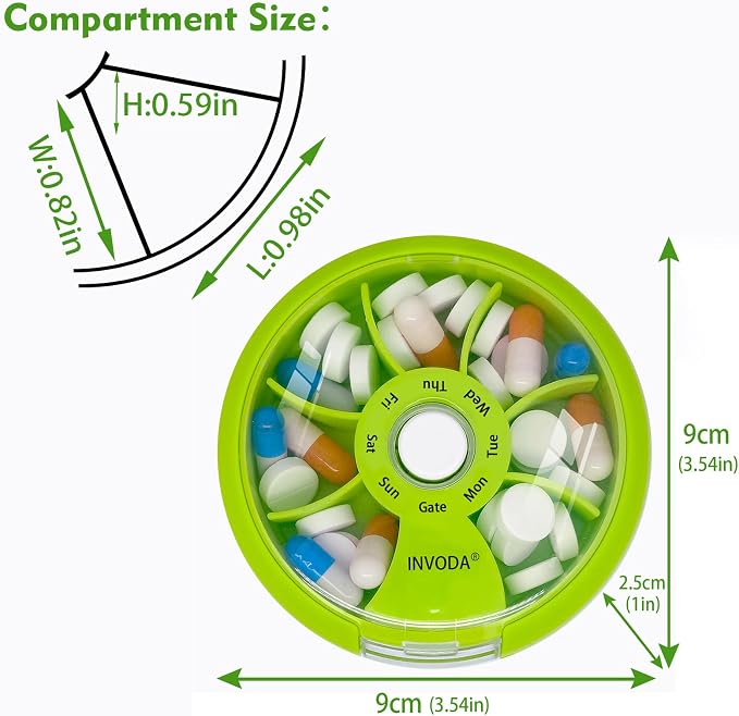 INVODA Weekly Pill Organizer 7 Compartment Rotating Pill Box - Image 5