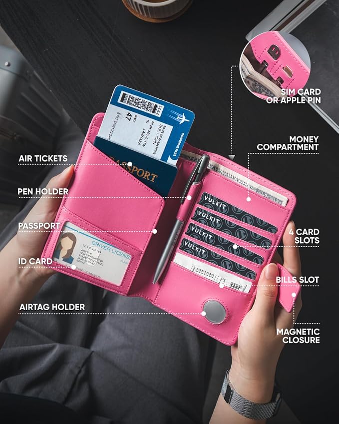 VULKIT Passport Holder with Airtag Holder RFID Blocking Passport Wallet Travel - Image 4