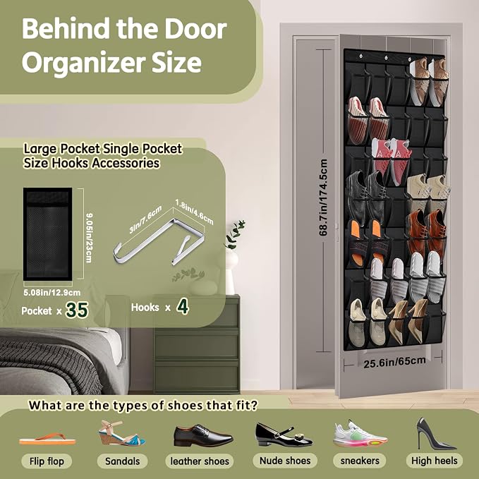 35 Pocket Over the Door Shoe Organizer, Reusable Breathable Large Mesh Bag - Image 3