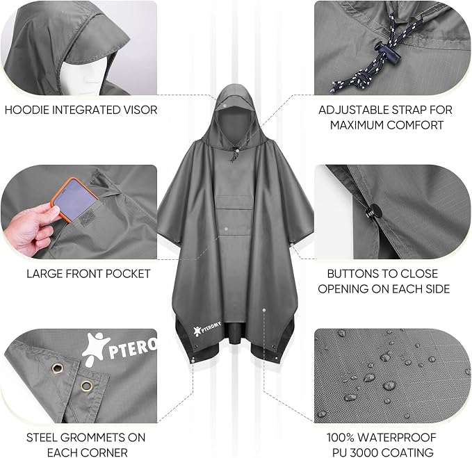 PTEROMY Hooded Rain Poncho for Adult - Image 6