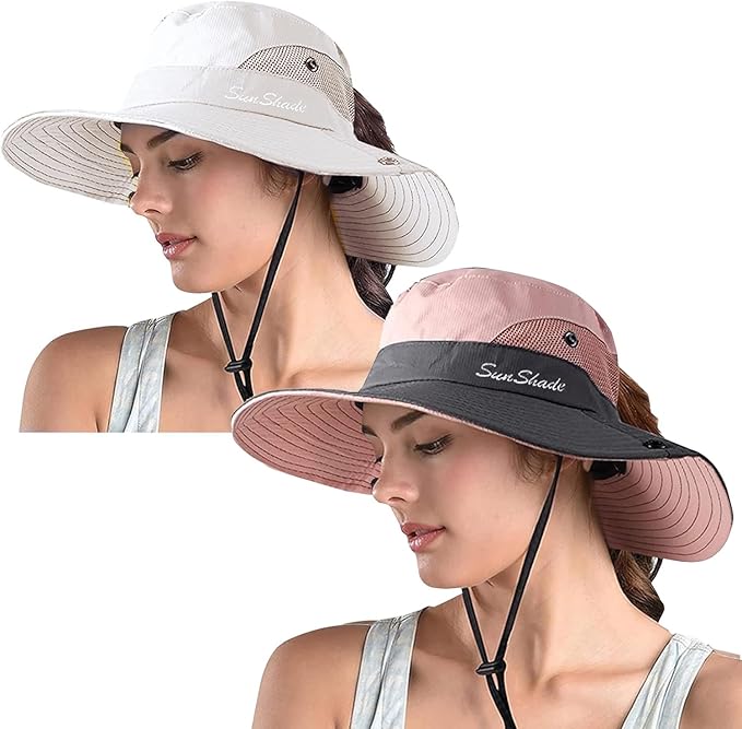 ZOORON Women's Ponytail Safari Sun Hat, Wide Brim UV Protection Outdoor Bucket by ZOORON