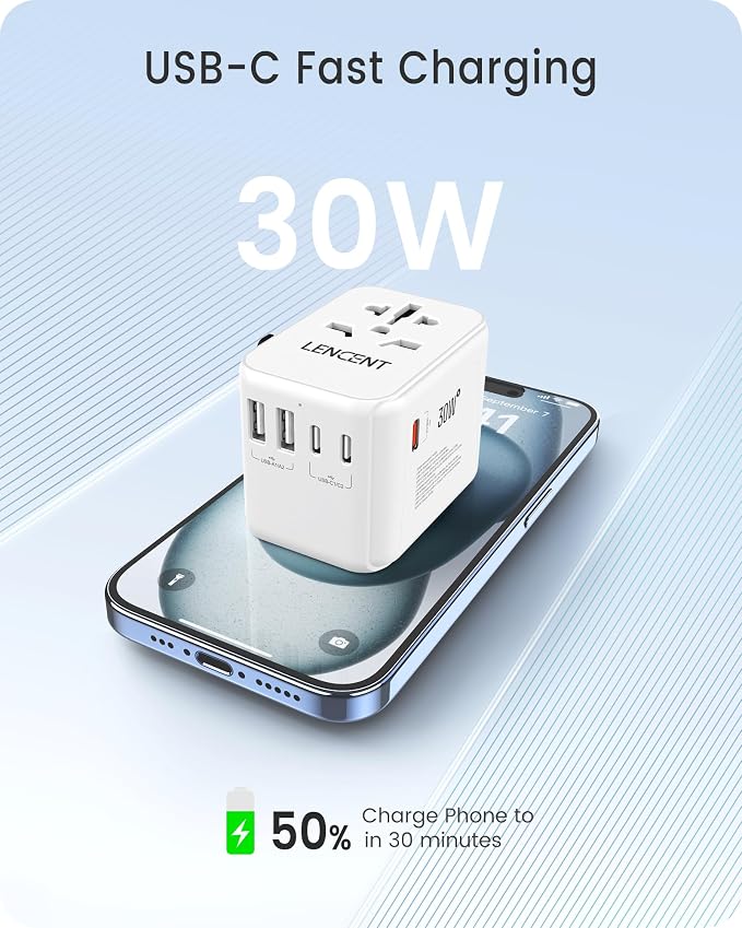 LENCENT Universal Travel Adapter, GaN III 30W International Charger - Image 3