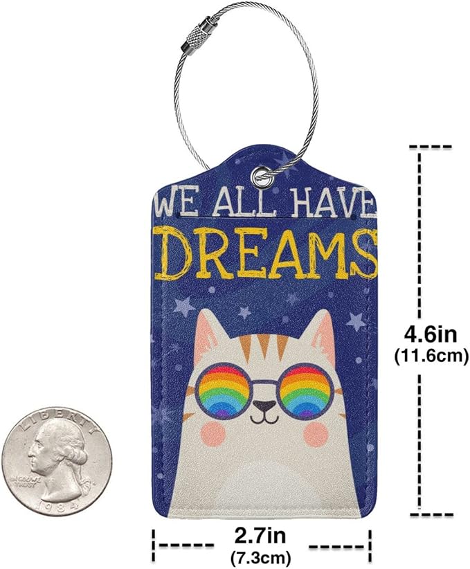 2 Cute Cat with Rainbow in Eye Glasses Luggage Tags, We All Have Dreams - Image 4