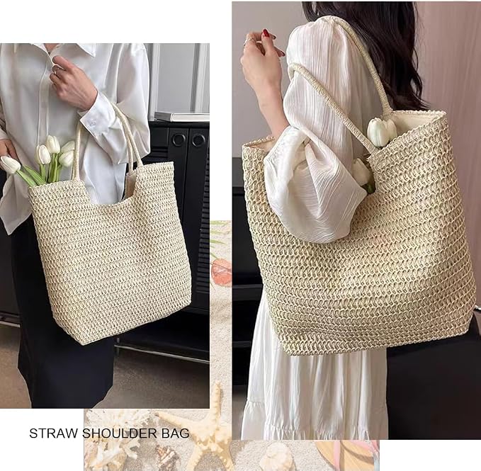Straw Beach Bags for Women Woven Beach Tote Bag Casual Boho Large Shoulder - Image 7
