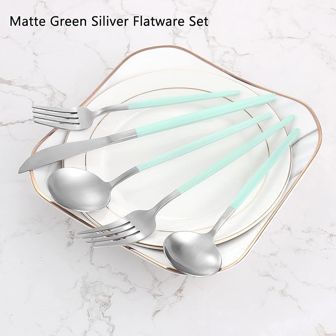Matte Green Silver Silverware Set, 20-Piece Stainless Steel Flatware Set - Image 3