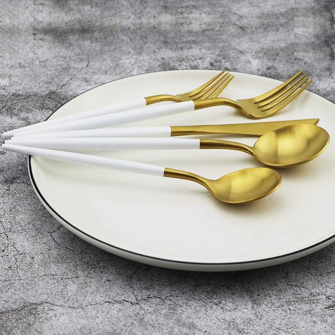 White Handle Matte Gold Silverware Set, Gugrida 5-Piece 18/10 Stainless Steel - Image 8