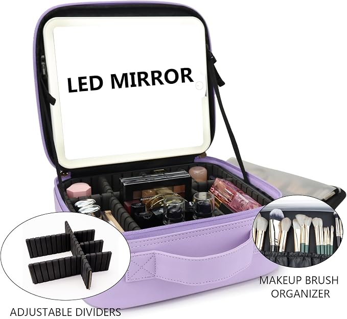 Travel Makeup Bag with LED Mirror Travel Makeup Organizer with 3 Lighted - Image 8