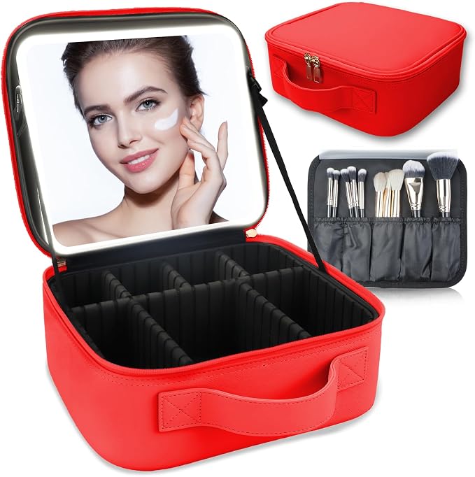 Makeup Bag with Led Mirror, Travel Makeup Organizer with 3 Color Setting by SUILU