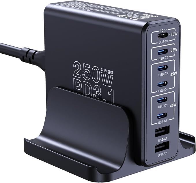 Aftertop 250W USB C Charger, 8-Ports PD3.1 140W Fast Charging Station, Compact by USBCChargerCarCharger