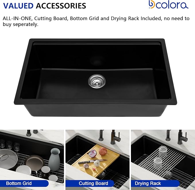 Dcolora 33 inches Granite Composite Kitchen Sink Workstation Black Undermount - Image 5