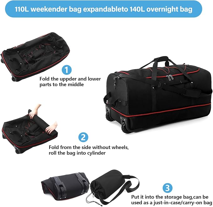 Vomgomfom Wheeled Collapsible Duffel Bag, 110L-140L Expandable Checked Luggage - Image 5