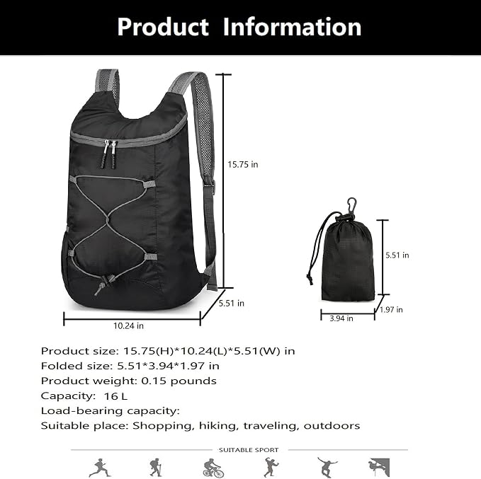 16L Hiking Daypack Lightweight Foldable Travel Backpack Water Repellent Camping - Image 4