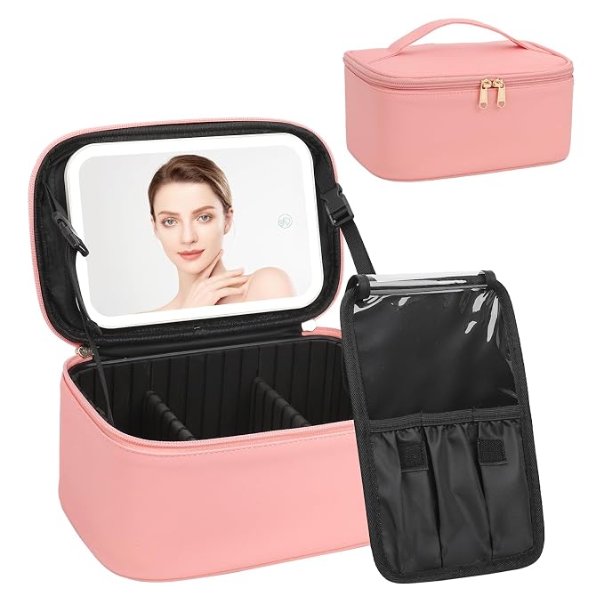 Makeup Bag With LED Mirror, Travel Makeup Bag With 3 Color Setting Light Up by Relavel
