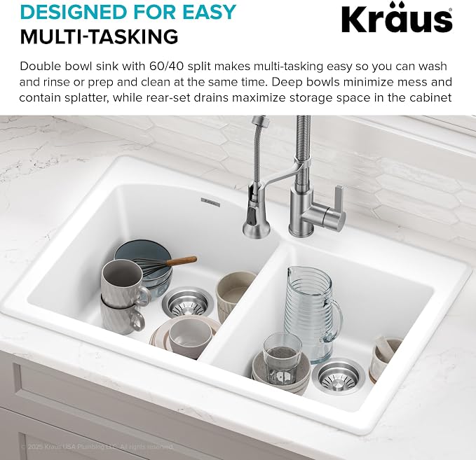 KRAUS Forteza 33-inch Granite Drop In/Undermount 60/40 Double Bowl White - Image 8